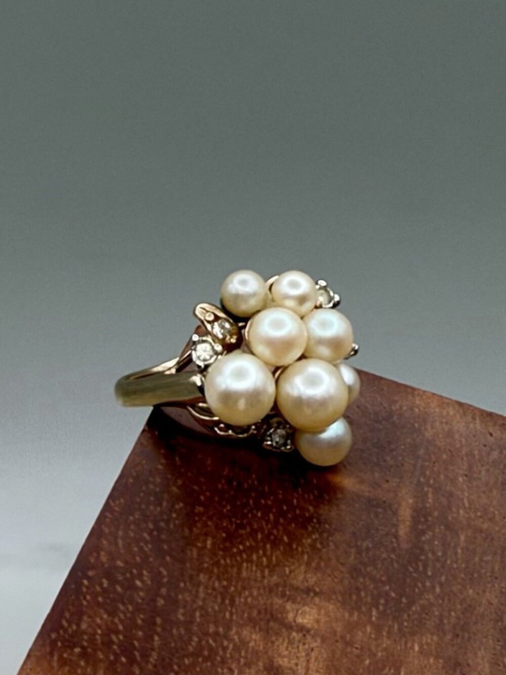 VTG ESPO 14K Gold Filled Faux Pearl Cluster Ring Rhinestone Cocktail Mid Century